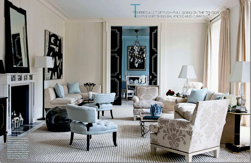 Love the dramatic doors and the complementary colors in the two rooms